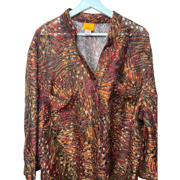 Ruby Rd Women’s Plus Size 22W Sheer Print Button Down Orange Red Blouse - Picture 3 of 10